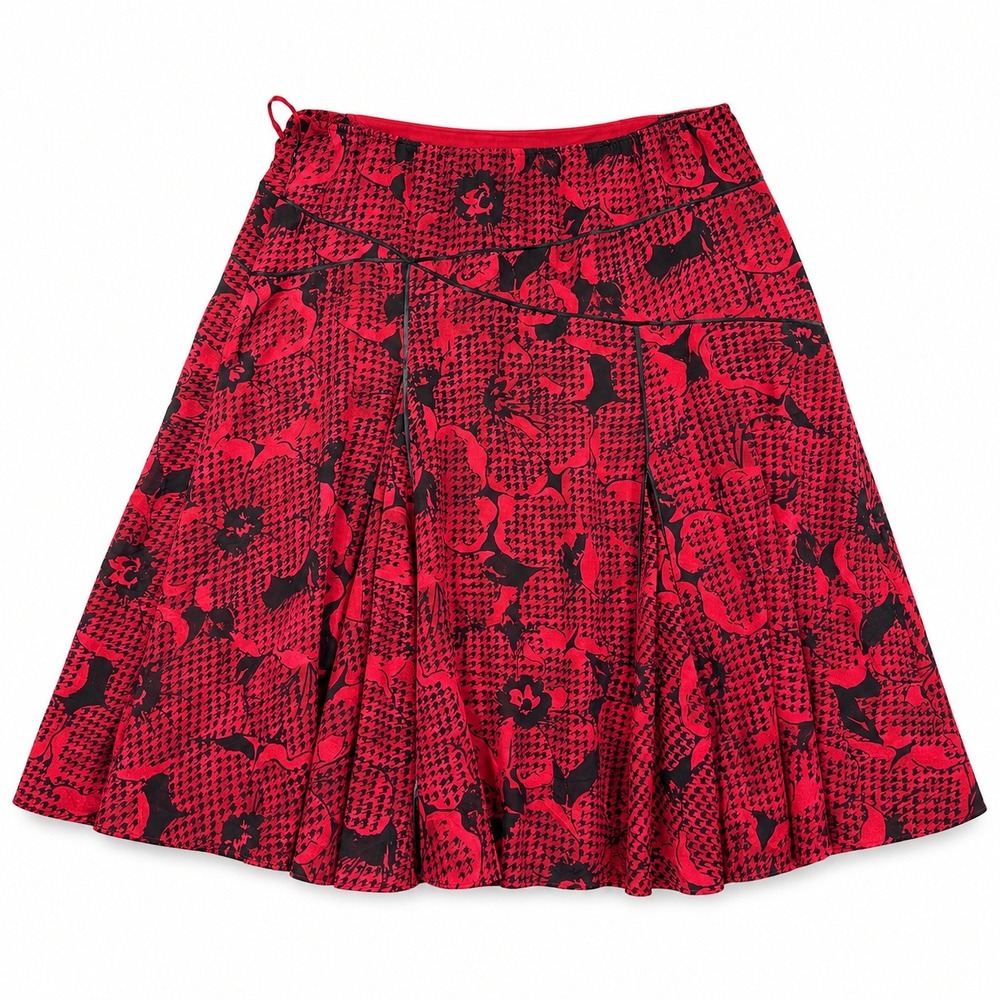 Coldwater Creek Red Black Floral Houndstooth Paneled Midi Skirt Womens XL‎ 18